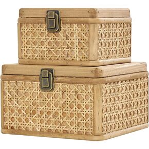 Deco 79 Rattan Handmade Decorative Box Woven Decorative Keepsake Boxes with Bronze Latches, Set of 2 Storage Boxes 7", 6"W, Brown