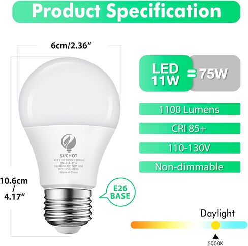 A19 LED Light Bulb, 75W Equivalent LED Bulb, 11W 5000K Daylight, 1100 Lumens, Non-Dimmable Light Bulbs, CRI 85+, No Flicker E26 Base Bulbs for Home Office, 6-Pack in Saudi Arabia