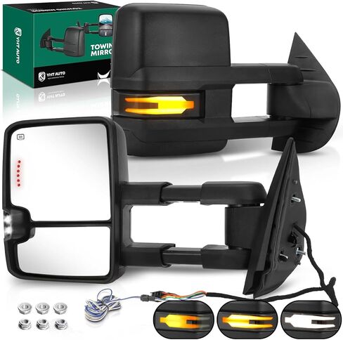YHTAUTO Towing Mirrors for 07-14 Silverado Sierra, Tahoe, Yukon(XL), Suburban, Avalanche, Power Adjusted Heated, Arrow & Turn Signal, Led Backup Light, Telescoping Driver & Passenger Side Car Mirrors in Kuwait