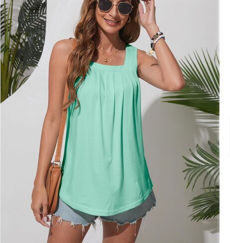 Bluetime المرأة تانك القمم الصيف عادية ساحة الرقبة بلا أكمام بلايز فضفاضة تناسب Flowy قميص منحني هيم in Kuwait