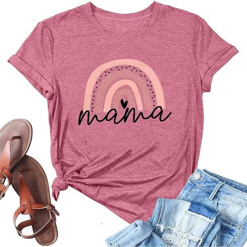 Mama Shirt Women Rainbow Mom Graphic Tshirts Short Sleeve Letter Printed Graphic Mom Gifts Tee Shirts in Saudi Arabia
