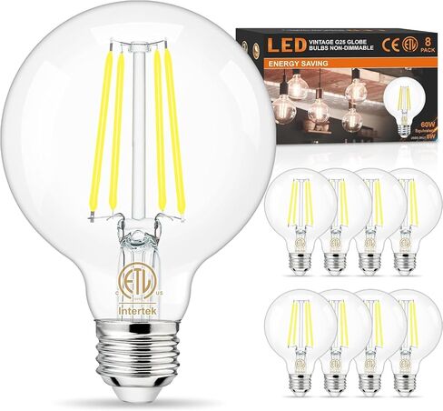 hansang 8 Pack G25 LED Edison Globe Light Bulbs, 3000K Soft White, E26 Base Round Light Bulbs for Bathroom Vanity, 6W 60W Incandescent Equivalent, CRI 85+, 600LM, AC 120V, Clear Glass, Non-dimmable in Saudi Arabia