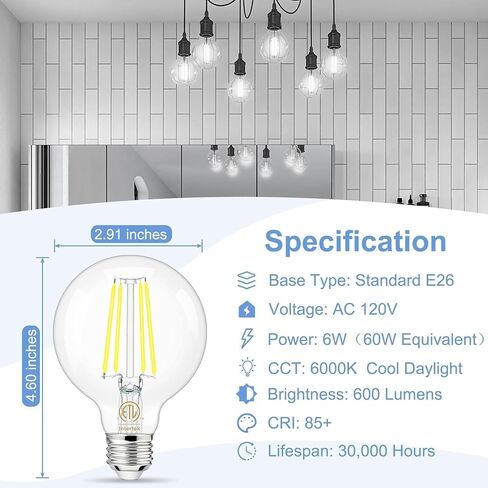 hansang 8 Pack G25 LED Edison Globe Light Bulbs, 3000K Soft White, E26 Base Round Light Bulbs for Bathroom Vanity, 6W 60W Incandescent Equivalent, CRI 85+, 600LM, AC 120V, Clear Glass, Non-dimmable in Saudi Arabia