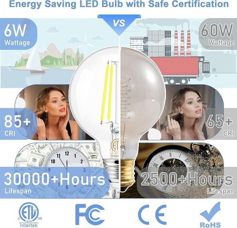 hansang 8 Pack G25 LED Edison Globe Light Bulbs, 3000K Soft White, E26 Base Round Light Bulbs for Bathroom Vanity, 6W 60W Incandescent Equivalent, CRI 85+, 600LM, AC 120V, Clear Glass, Non-dimmable in Saudi Arabia