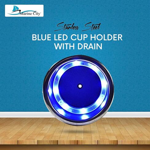 MARINE CITY 304 Grade Stainless Steel Marine Grade 8 Blue LED Lights Cup Holder with Drain for Marines – Yachts – Ships – Kayaks (Pack of 1) in Saudi Arabia