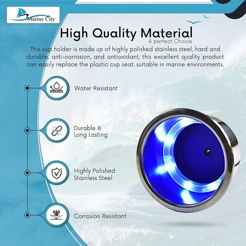 MARINE CITY 304 Grade Stainless Steel Marine Grade 8 Blue LED Lights Cup Holder with Drain for Marines – Yachts – Ships – Kayaks (Pack of 1) in Saudi Arabia