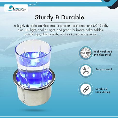 MARINE CITY 304 Grade Stainless Steel Marine Grade 8 Blue LED Lights Cup Holder with Drain for Marines – Yachts – Ships – Kayaks (Pack of 1) in Saudi Arabia