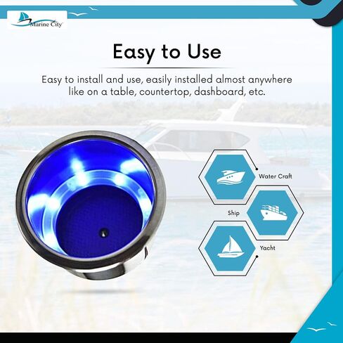 MARINE CITY 304 Grade Stainless Steel Marine Grade 8 Blue LED Lights Cup Holder with Drain for Marines – Yachts – Ships – Kayaks (Pack of 1) in Saudi Arabia