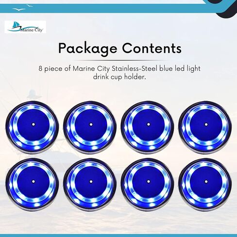 MARINE CITY 304 Grade Stainless Steel Marine Grade 8 Blue LED Lights Cup Holder with Drain for Marines – Yachts – Ships – Kayaks (Pack of 1) in Saudi Arabia