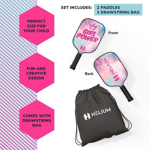 Helium Pickleball Paddle for Kids – Child Size for Children 12 and Under, Lightweight Honeycomb Core, Graphite Strike Face, Pickleball Paddle & Drawstring Bag - Girl Power in Saudi Arabia