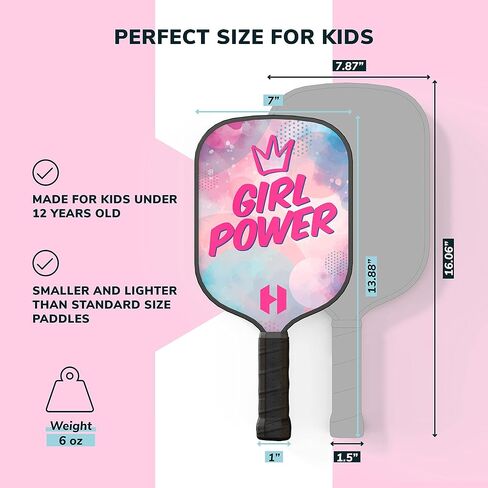 Helium Pickleball Paddle for Kids – Child Size for Children 12 and Under, Lightweight Honeycomb Core, Graphite Strike Face, Pickleball Paddle & Drawstring Bag - Girl Power in Saudi Arabia
