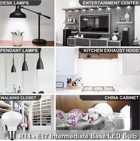 لمبة E17 R14 LED قابلة للتعتيم 4 وات (ما يعادل 40 وات) لمبة إضاءة صغيرة، قاعدة متوسطة E17، 300 لومن، لمبة إضاءة خزانة كوريو، أبيض ناعم 2700 ك، حزمة من 2 in Kuwait