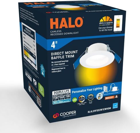 HALO RL 6 بوصة إضاءة LED مدمجة بدون غطاء، 900/1200 لومن قابل للتحديد، 5CCT(2700K، 3000K، 3500K، 4000K، 5000K) مع خافت للتدفئة، أبيض in Kuwait