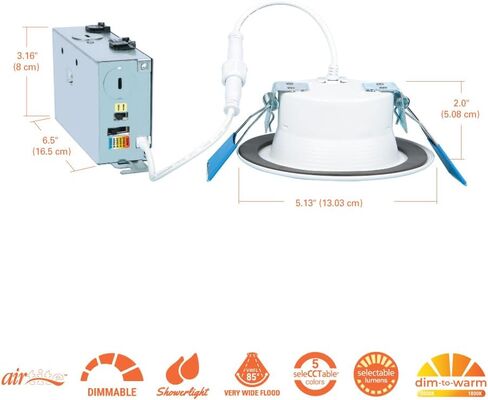 HALO RL 6 بوصة إضاءة LED مدمجة بدون غطاء، 900/1200 لومن قابل للتحديد، 5CCT(2700K، 3000K، 3500K، 4000K، 5000K) مع خافت للتدفئة، أبيض in Kuwait