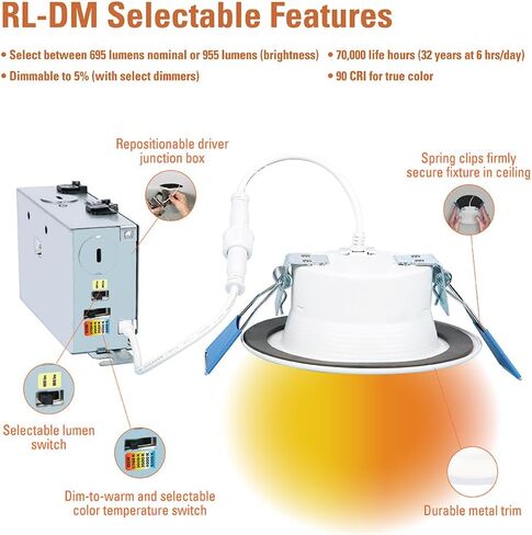 HALO RL 6 بوصة إضاءة LED مدمجة بدون غطاء، 900/1200 لومن قابل للتحديد، 5CCT(2700K، 3000K، 3500K، 4000K، 5000K) مع خافت للتدفئة، أبيض in Kuwait