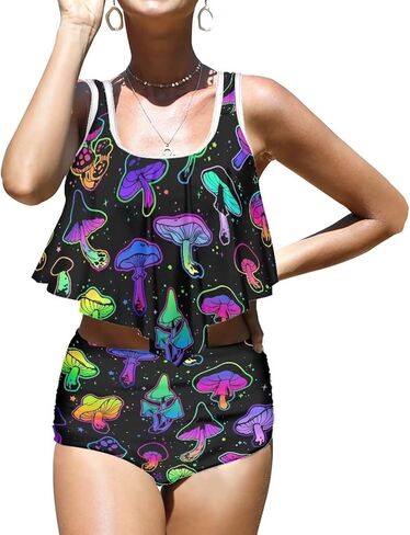 Women Mushroom High Waist Tummy Control Bikini Swimsuit Summer Two Piece Bathing Suit(S-2XL) in Saudi Arabia
