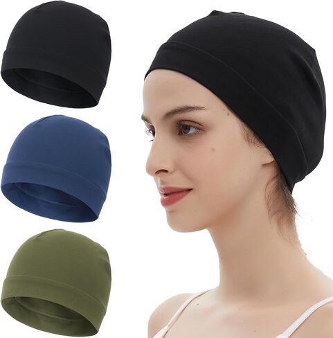 3 Pieces 100% Cotton Skull Caps beanie for Men Women Lightweigt night Cap Sleep Hats Breathable Helmet Liner in Saudi Arabia