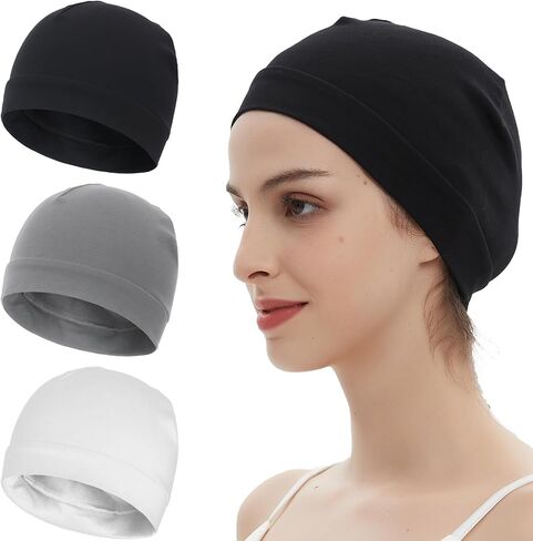 3 Pieces 100% Cotton Skull Caps beanie for Men Women Lightweigt night Cap Sleep Hats Breathable Helmet Liner in Saudi Arabia