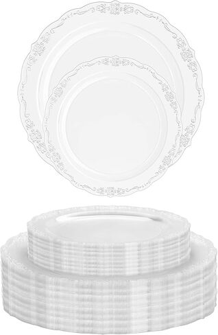 Exquisite Victorian Plastic Plates 80 Piece Plastic Disposable Plates for Party Set For 40 Guests 40 X 7.5 inch Dessert Plates & 40 X 10.25 Inch Plastic Plates Disposable Heavy Duty White & Black in Kuwait