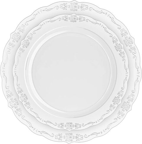 Exquisite Victorian Plastic Plates 80 Piece Plastic Disposable Plates for Party Set For 40 Guests 40 X 7.5 inch Dessert Plates & 40 X 10.25 Inch Plastic Plates Disposable Heavy Duty White & Black in Kuwait