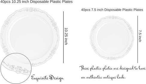 Exquisite Victorian Plastic Plates 80 Piece Plastic Disposable Plates for Party Set For 40 Guests 40 X 7.5 inch Dessert Plates & 40 X 10.25 Inch Plastic Plates Disposable Heavy Duty White & Black in Kuwait