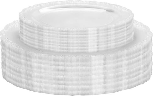 Exquisite Victorian Plastic Plates 80 Piece Plastic Disposable Plates for Party Set For 40 Guests 40 X 7.5 inch Dessert Plates & 40 X 10.25 Inch Plastic Plates Disposable Heavy Duty White & Black in Kuwait
