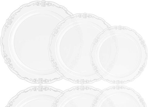 Exquisite Victorian Plastic Plates 80 Piece Plastic Disposable Plates for Party Set For 40 Guests 40 X 7.5 inch Dessert Plates & 40 X 10.25 Inch Plastic Plates Disposable Heavy Duty White & Black in Kuwait