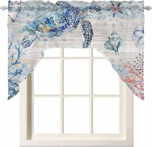 Coastal Octopus Swag Valance Kitchen Curtains,Rod Pocket Valance Curtain Panels for Bedroom Living Room Bathroom Cafe Windows,Starfish Coral Shell Conch Tropical Fish Blue 56''x36'' in Saudi Arabia