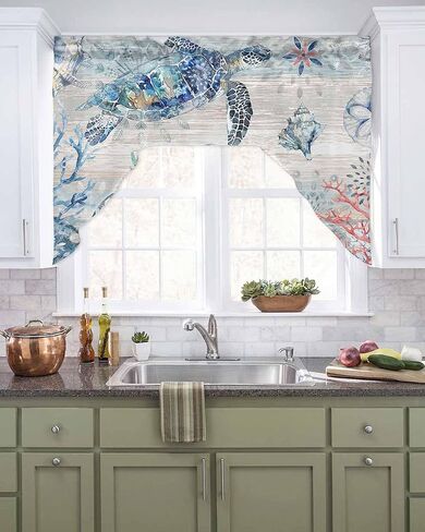 Coastal Octopus Swag Valance Kitchen Curtains,Rod Pocket Valance Curtain Panels for Bedroom Living Room Bathroom Cafe Windows,Starfish Coral Shell Conch Tropical Fish Blue 56''x36'' in Saudi Arabia