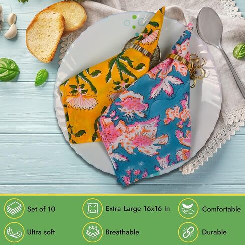 DIYANAIMPEX 10 قطع من مناديل القماش القطنية مطبوعة يدويًا مقاس 16 × 16 بوصة مطبوعة لديكور المنزل الهندي الصديق للبيئة مجموعة مناديل العشاء (متعددة الألوان) in Kuwait
