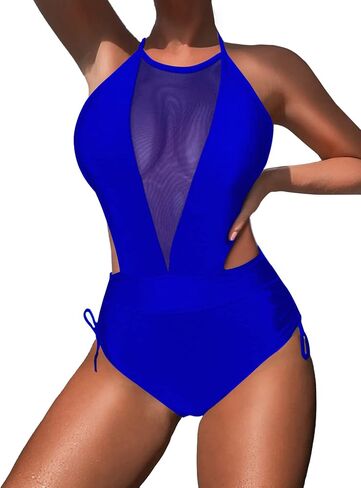 AI'MAGE Womens One Piece Mesh Swimsuit High Neck Halter Monokinis Swimwear Drawstring Side Bathing Suits in Saudi Arabia