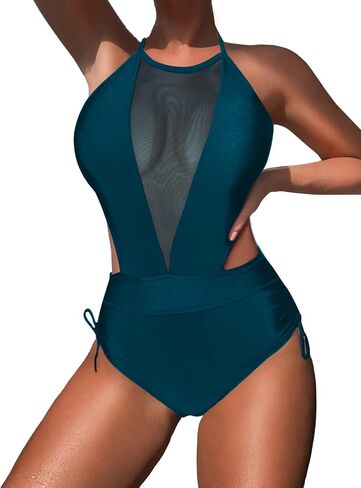 AI'MAGE Womens One Piece Mesh Swimsuit High Neck Halter Monokinis Swimwear Drawstring Side Bathing Suits in Saudi Arabia