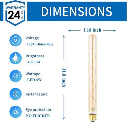 Dimmable 4W Tube LED Eison Bulb, T10 Vintage Long LED Bulb 40 Watt Equivalent Warm White 2700K, E26 Medium Base Amber Colored 7.3 Inch Long tubular edison bulb, 3 Pack in Saudi Arabia