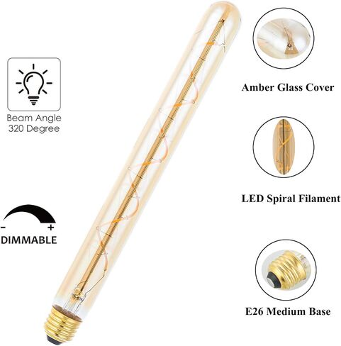 Dimmable 4W Tube LED Eison Bulb, T10 Vintage Long LED Bulb 40 Watt Equivalent Warm White 2700K, E26 Medium Base Amber Colored 7.3 Inch Long tubular edison bulb, 3 Pack in Saudi Arabia