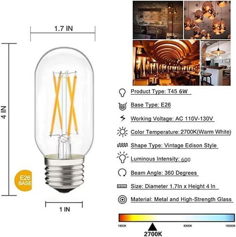 لمبة أنبوبية LED 4 وات، E26 لمبة إديسون شفافة، 40 وات مكافئة 400 لومن، مصابيح إضاءة LED على طراز إديسون العتيقة، 2700 ك أبيض دافئ غير قابل للتعتيم حزمة من 6 in Kuwait