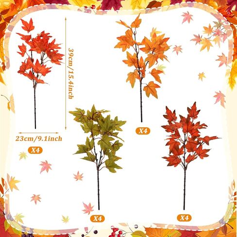 SATINIOR 16 Pcs Fall Leaves Stems Thanksgiving Artificial Maple Fall Branches Autumn Fake Leaves Stems Faux Branches Maple Shrubs for Home Table Vase Fall Party Decorations in Saudi Arabia
