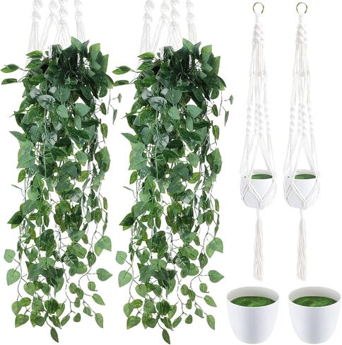 meekoo 2 جهاز كمبيوتر شخصى وهمية النباتات المعلقة مع وعاء وشماعات النبات الاصطناعي Pothos الكروم شنقا بوعاء النباتات الخضراء للداخلية في الهواء الطلق بوهو المنزل جدار مكتب الزينة (نبات الكرمة الخضراء) in Kuwait
