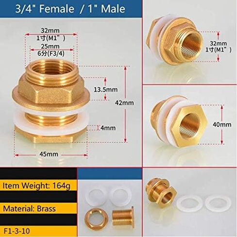 Chris.W Solid Brass Bulkhead Fitting, 3 Sets 3/8 Female 1/2 Male Solid Brass Water Tank Connector Theaded with Rubber Rings in Saudi Arabia
