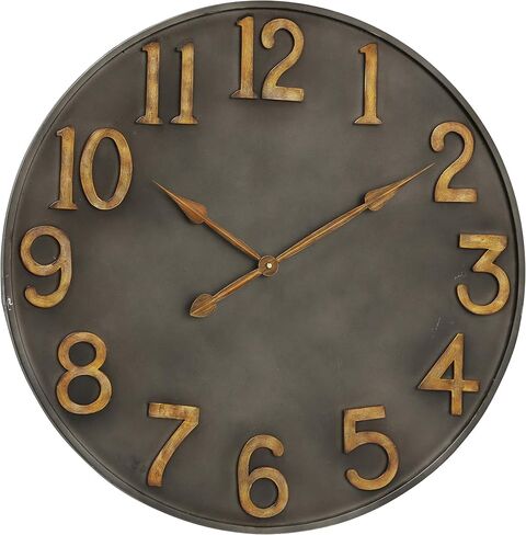WHW Whole House Worlds Industrial Modern Wall Clock, Pewter Grey Metal, Antique Gold Numerals, Quartz Movement, 30 Inches Diameter, Oversized in Saudi Arabia