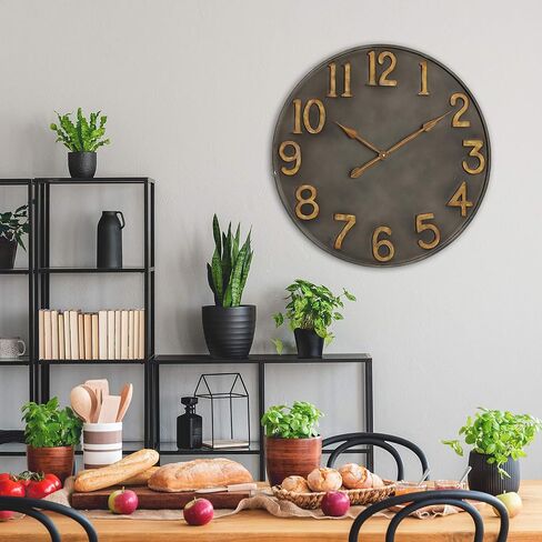 WHW Whole House Worlds Industrial Modern Wall Clock, Pewter Grey Metal, Antique Gold Numerals, Quartz Movement, 30 Inches Diameter, Oversized in Saudi Arabia