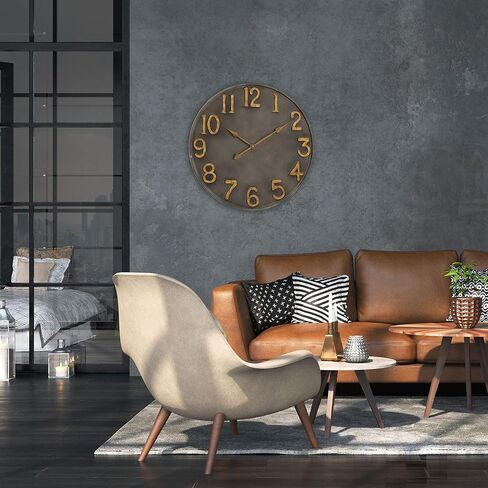 WHW Whole House Worlds Industrial Modern Wall Clock, Pewter Grey Metal, Antique Gold Numerals, Quartz Movement, 30 Inches Diameter, Oversized in Saudi Arabia