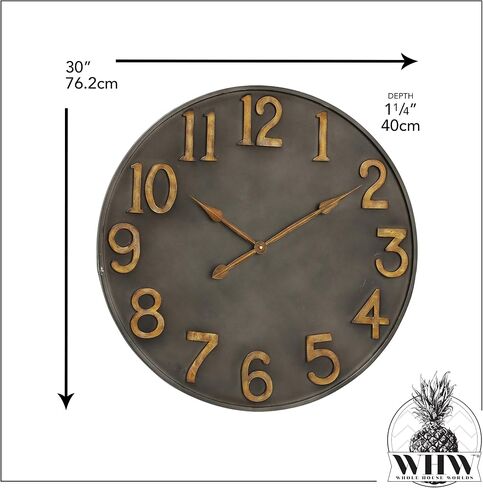 WHW Whole House Worlds Industrial Modern Wall Clock, Pewter Grey Metal, Antique Gold Numerals, Quartz Movement, 30 Inches Diameter, Oversized in Saudi Arabia