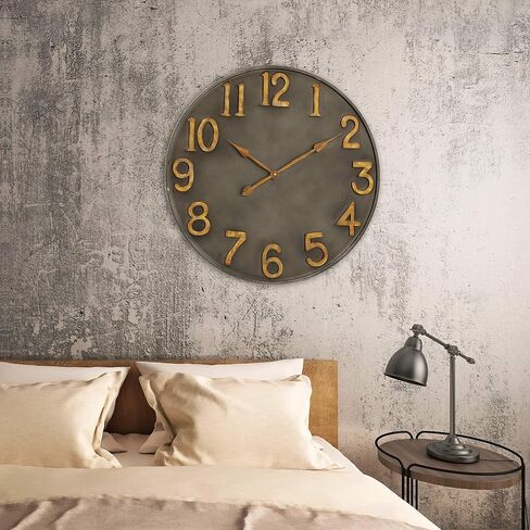 WHW Whole House Worlds Industrial Modern Wall Clock, Pewter Grey Metal, Antique Gold Numerals, Quartz Movement, 30 Inches Diameter, Oversized in Saudi Arabia