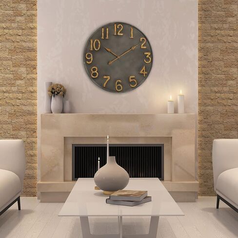 WHW Whole House Worlds Industrial Modern Wall Clock, Pewter Grey Metal, Antique Gold Numerals, Quartz Movement, 30 Inches Diameter, Oversized in Saudi Arabia
