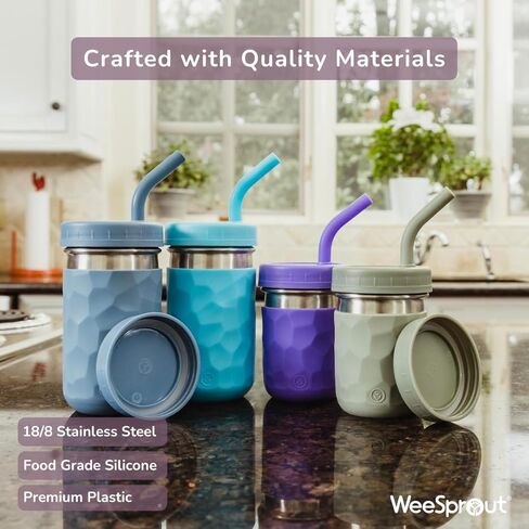 كوب شرب WeeSprout 2 في 1 للأطفال، (12 أونصة أخضر) بهلوان متين من الفولاذ المقاوم للصدأ للعصائر، ماصات سيليكون مع سدادات، أغطية ملتوية بلاستيكية فاخرة، أكمام سهلة الإمساك، آمنة للاستخدام في غسالة الأطباق in Kuwait