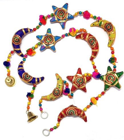 Handmade Moon Stars Cotton Stuffed Rajasthani & Gujarati Traditional Door Hanging Pair Decorative Ladi, Latkan in Vibrant Colors for Home Decor, Office Decor, Wall, Window in Saudi Arabia
