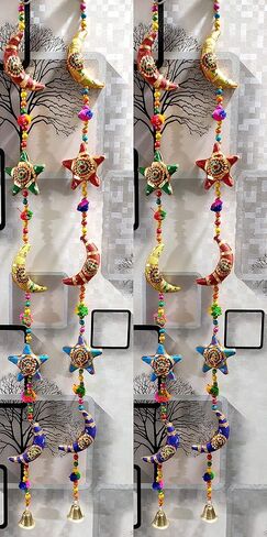 Handmade Moon Stars Cotton Stuffed Rajasthani & Gujarati Traditional Door Hanging Pair Decorative Ladi, Latkan in Vibrant Colors for Home Decor, Office Decor, Wall, Window in Saudi Arabia