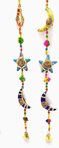 Handmade Moon Stars Cotton Stuffed Rajasthani & Gujarati Traditional Door Hanging Pair Decorative Ladi, Latkan in Vibrant Colors for Home Decor, Office Decor, Wall, Window in Saudi Arabia