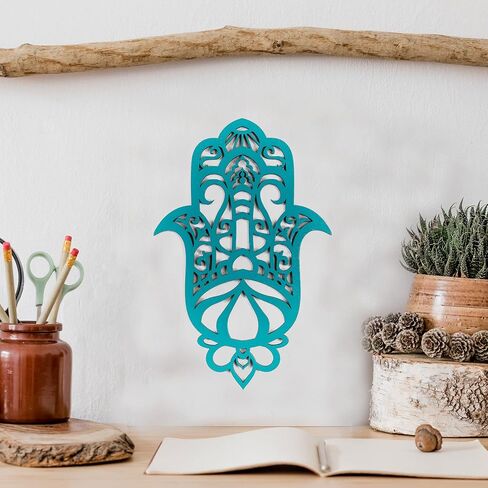Evil Eye Décor, Turquoise Wood Hamsa Wall Décor, Spiritual Décor, Hand Made Evil Eye Wood Ornament, Evil Eye Gifts, Hamsa Wall Art by Tohar Design, (9.8 inch) in Saudi Arabia