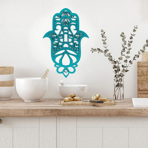 Evil Eye Décor, Turquoise Wood Hamsa Wall Décor, Spiritual Décor, Hand Made Evil Eye Wood Ornament, Evil Eye Gifts, Hamsa Wall Art by Tohar Design, (9.8 inch) in Saudi Arabia